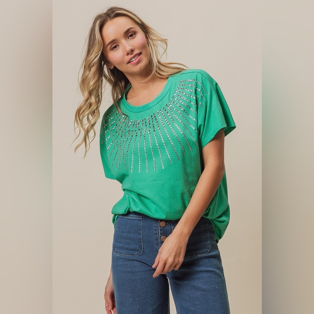 BiBi Rhinestone Beaded Short Sleeve Top - Picture 3 of 12
